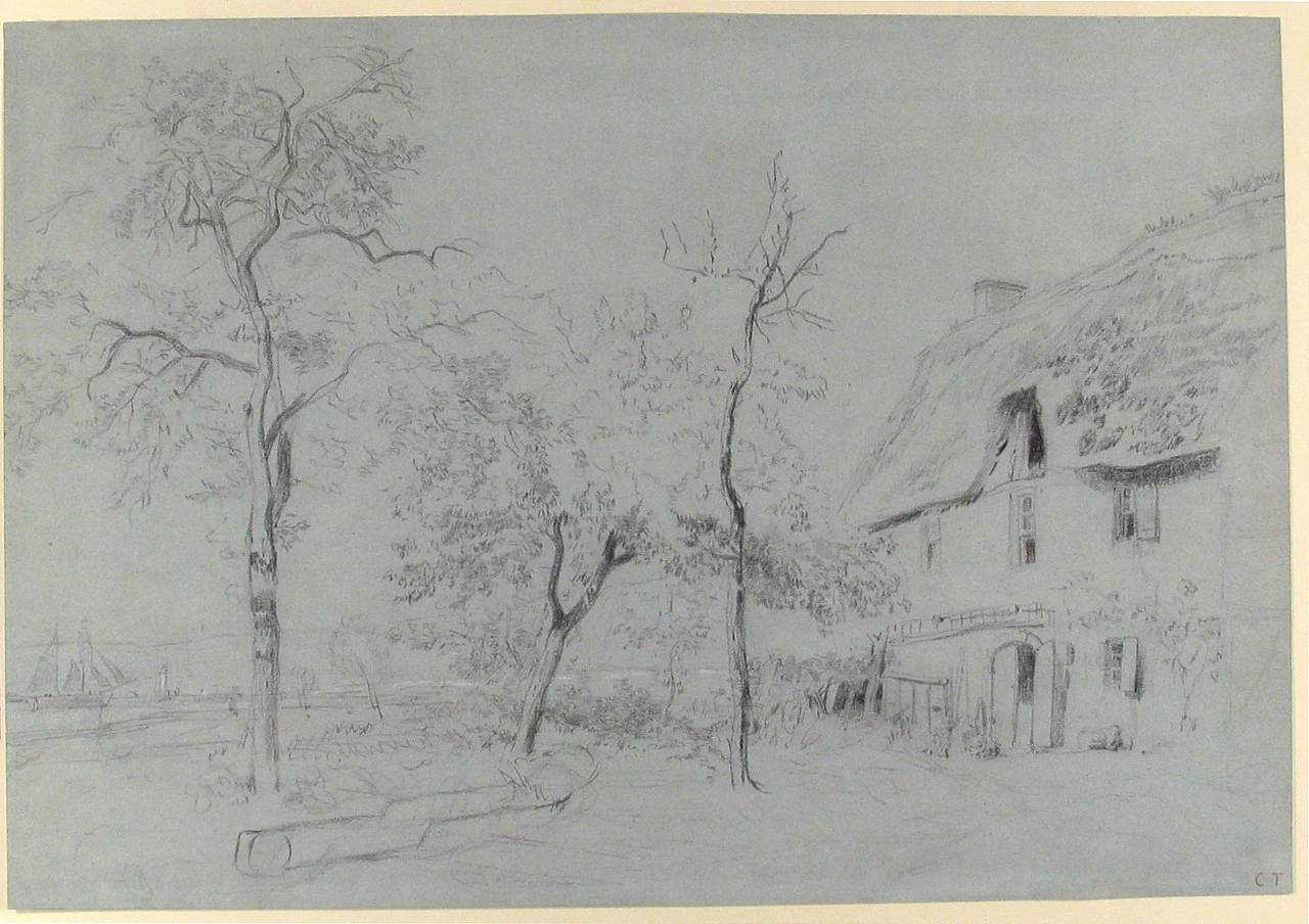 Una fattoria con tetto di paglia e alberi accanto a un fiume - Metropolitan Museum of Art, New York